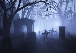 3D render depicting an overgrown neglected cemetery in misty twilight.